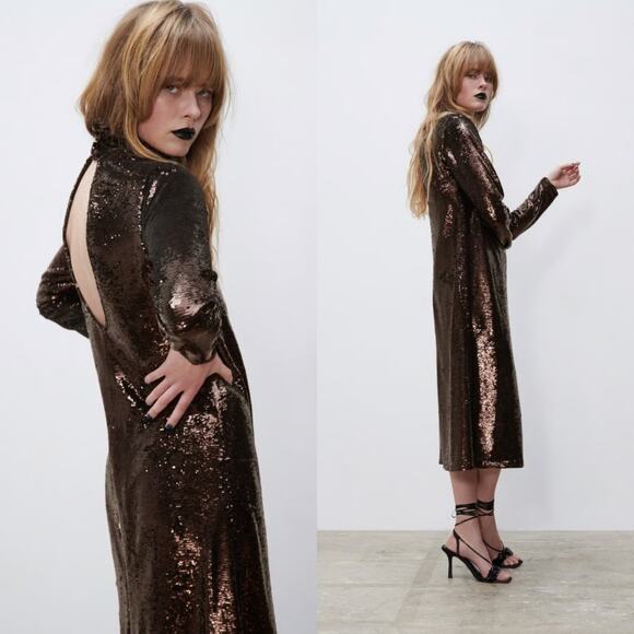 NWT Zara Sequin High Neck Metallic Cut Out Open Back Midi Dress Medium - Picture 2 of 9